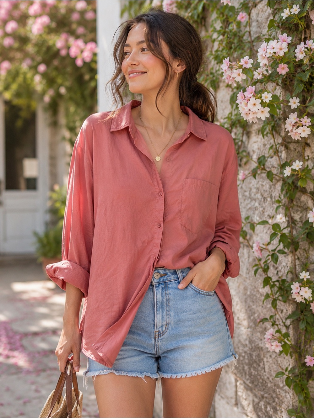 633. Relaxed Button-Front Women’s Shirt - Dusty Rose